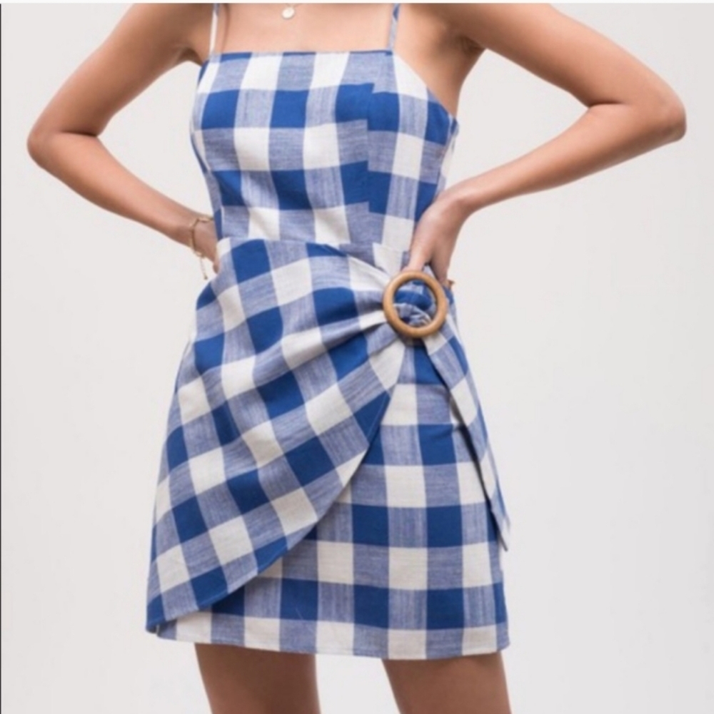 Altar'd State Blue and White Gingham Mini Dress with Buckle Detail